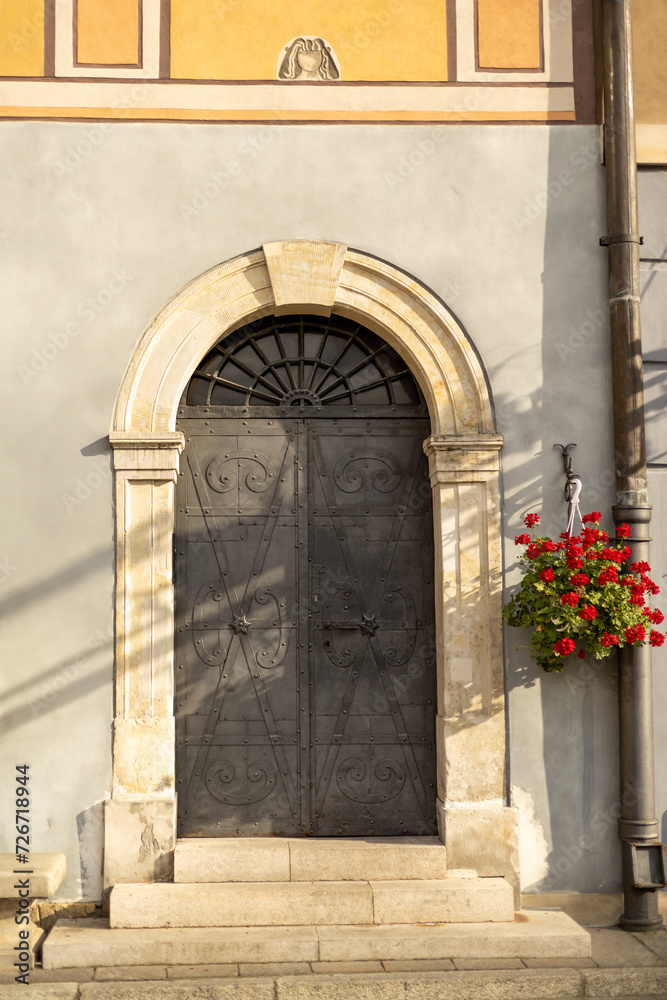 Old street in historical town, beautiful old door with Plants decorations. Classic european architecture. Postcard concept. Travel inspiration, Luxury estate background