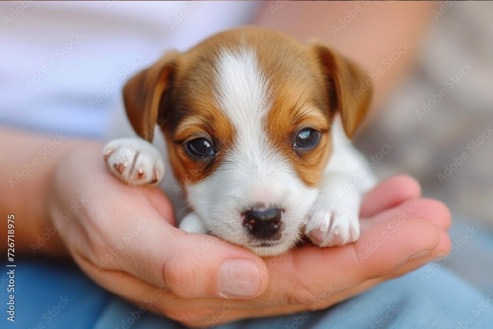 Pretty beagle puppy lying down in man’s hand Pretty beagle puppy lying down in man’s hand