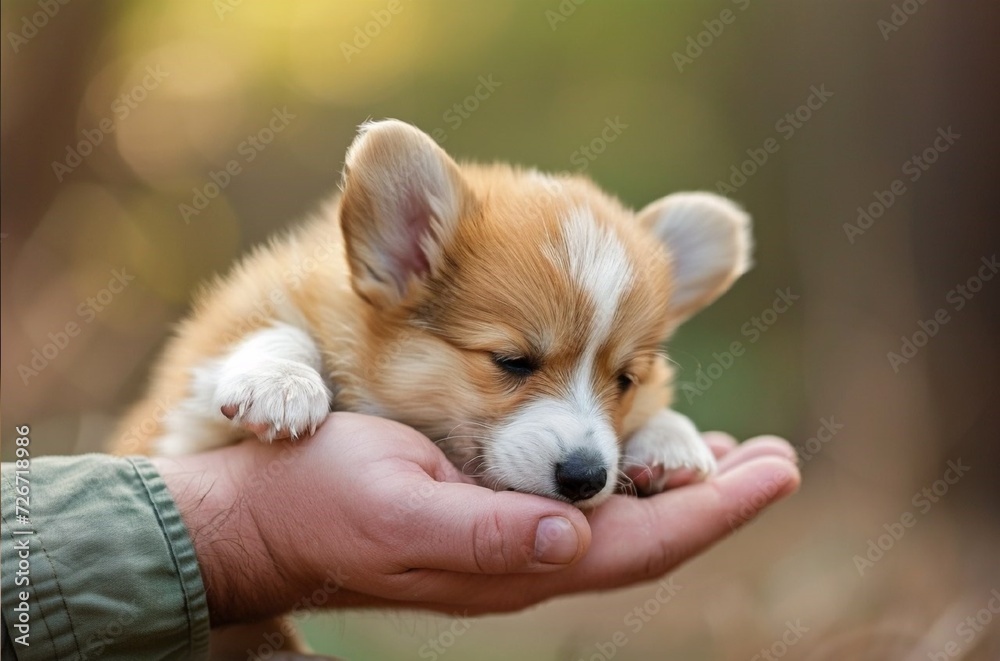 Pretty corgi puppy lying down in man’s hand
Pretty corgi puppy lying down in man’s hand