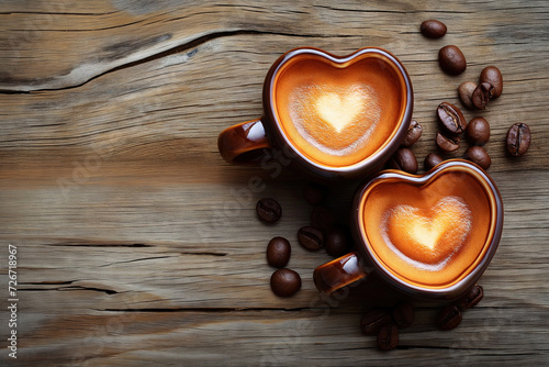 heart shaped espresso cups on a wooden background, top view, valentine's day photo