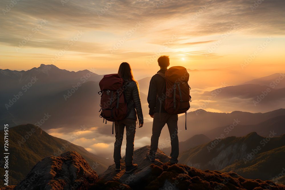 A man and woman hikers stand on top of a mountain at sunrise or sunset , They look towards the horizon together ,  enjoying their climbing success ,  beautiful view, breathtaking  view , happy couple
