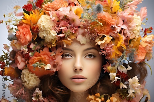 Front view of an art portrait of a young girl in a large wreath of flowers.