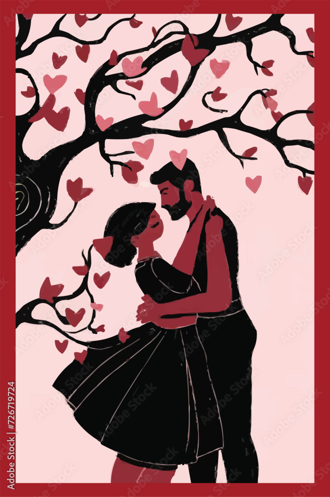 Fototapeta premium Minimalist art of a man and a woman hugging under a tree customized vector illustration design 