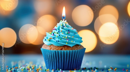 Celebratory Cupcake with a Single Lit Candle