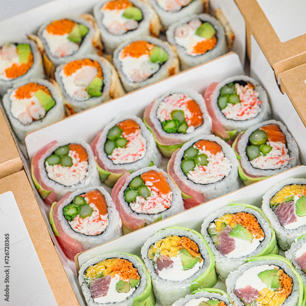 Assorted Types of Sushi Packed in a Box