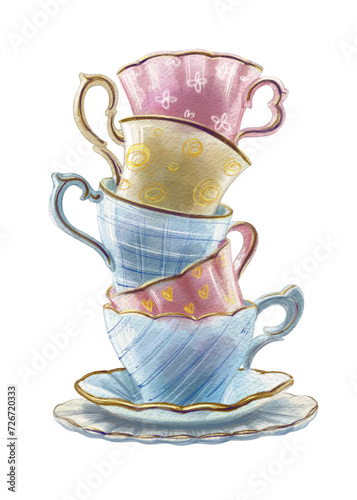 Stacked cups of tea. Tea set made of porcelain cups and saucers. English tea party. For printing on dishes, clothes, tea packaging. For restaurants and cafes. for printing on cards and invitations