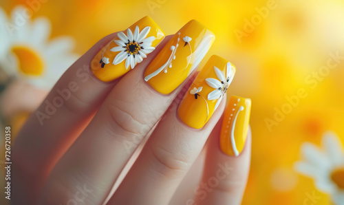 Fotografiet cheerful yellow nail polish with daisy flower patterns
