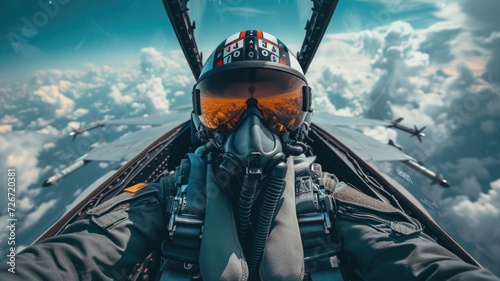 Fighter pilots cockpit view under cloudy blue sky photo