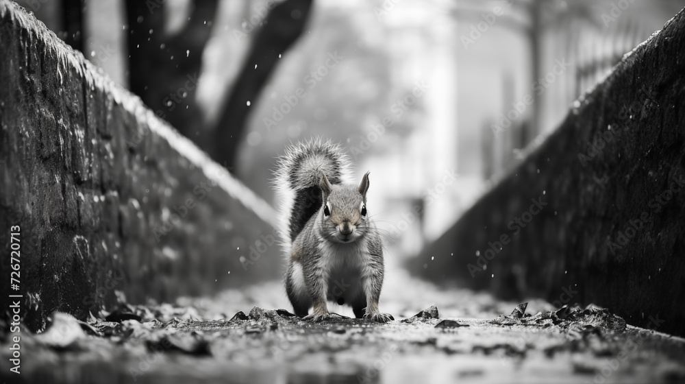 Fototapeta premium Squirrel on a Snowy Urban Pathway in Black and White