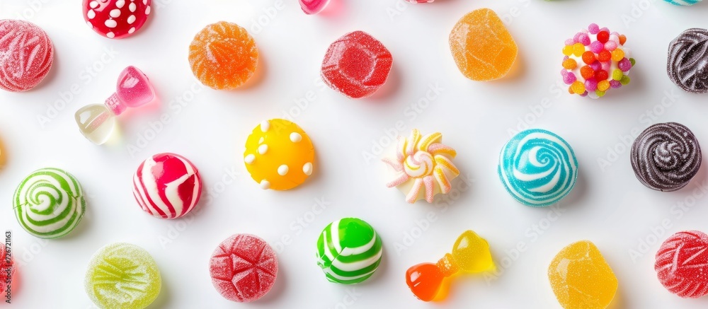 Top-down view of numerous vibrant candies on a white backdrop.