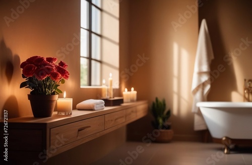 Modern clean bathroom decorated with candles and flowers