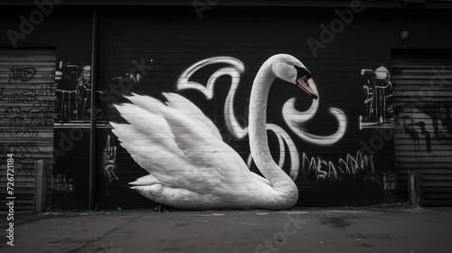 Swan in Stark Contrast with Graffiti Wall in Urban Setting