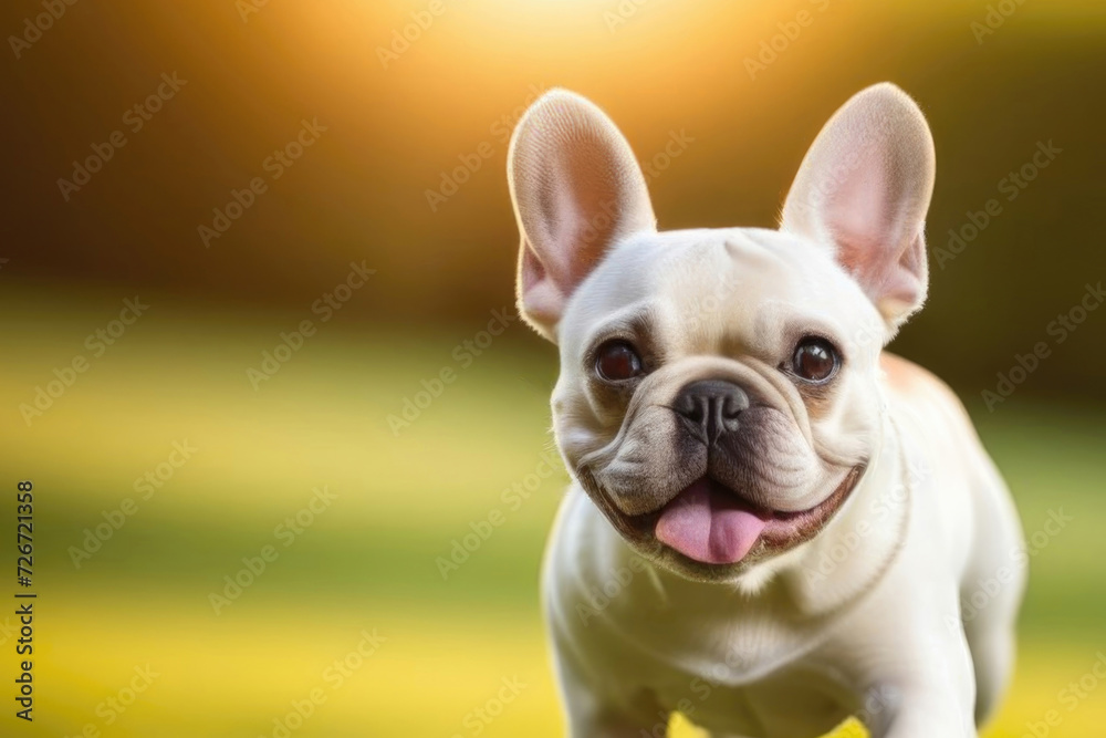 Portrait of dog French bulldog breed, pet with white color on a walk in park, isolated on blurred background , backlight, copy space