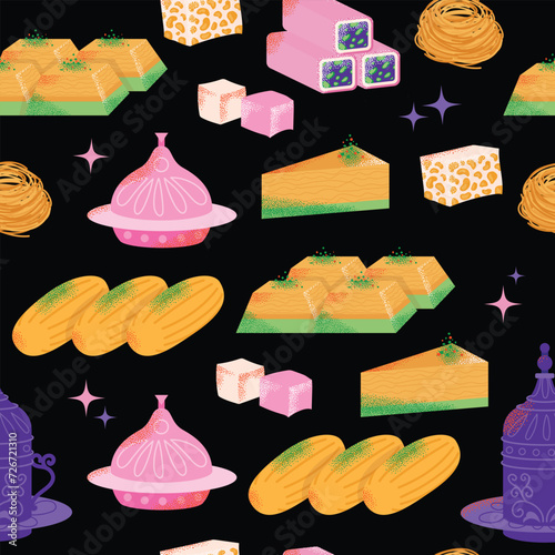 Turkish cuisine traditional dishes seamless pattern eastern sweets. Baklava, lokum east delicious dessert food . Sweet oriental delight vector illustration modern cartoon flat style background.
