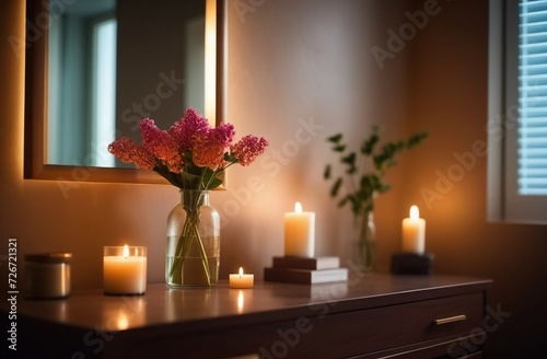 Modern clean bathroom decorated with candles and flowers