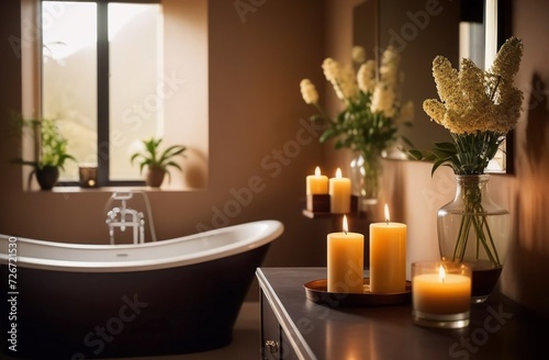 Modern clean bathroom decorated with candles and flowers