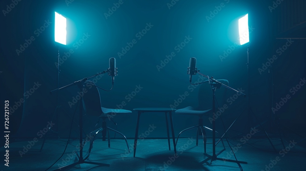two chairs and microphones in podcast or interview room isolated on dark background as a wide banner for media conversations or podcast streamers concepts with copyspace