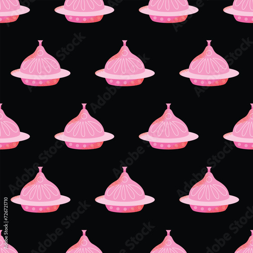 Turkish delight seamless pattern traditional decorated copper plate with cap isolated on background. Turkish antique utensils series food dish. Cartoon flat vector illustration in flat style.