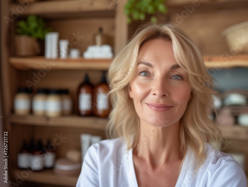 Portrait of a smiling middle aged woman for spa beauty and skincare in beautystudio with modern interior