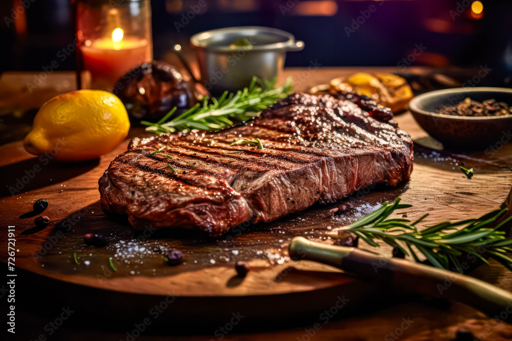 Savor the richness of a perfectly grilled ribeye beef steak adorned with aromatic herbs and spices, presented on a stylish dark table. Culinary excellence on display. Savor the richness of a perfectly grilled ribeye beef steak adorned with aromatic herbs and spices, presented on a stylish dark table. Culinary excellence on display.