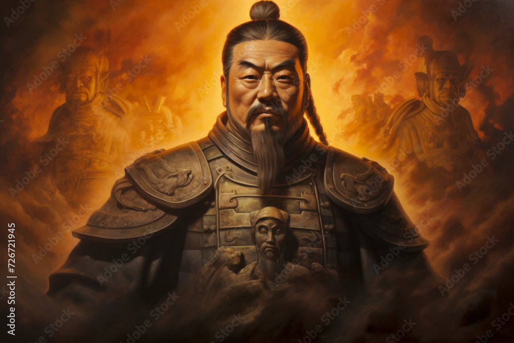 Detailed illustration of Qin Shi Huang, embodying imperial strength, against the iconic Terracotta Army in ancient China, with shafts of light coming through a low-contrast background