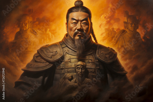 Detailed illustration of Qin Shi Huang, embodying imperial strength, against the iconic Terracotta Army in ancient China, with shafts of light coming through a low-contrast background photo