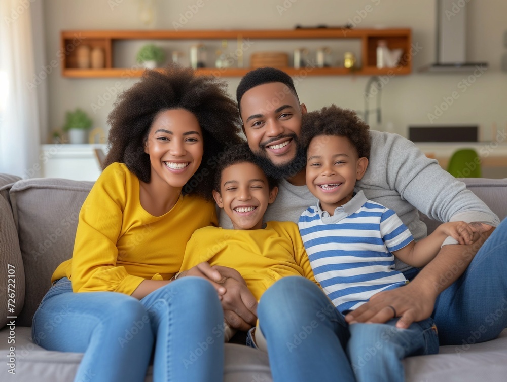 Happy family with child sitting on sofa, young parents embracing son relaxing on couch together Happy family with child sitting on sofa, young parents embracing son relaxing on couch together