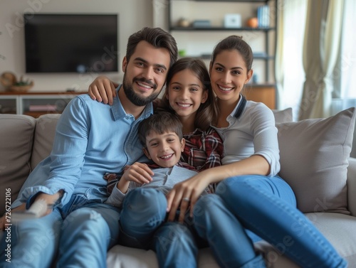 Happy family with child sitting on sofa, young parents embracing son relaxing on couch together