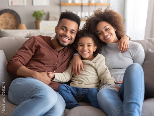 Happy family with child sitting on sofa, young parents embracing son relaxing on couch together