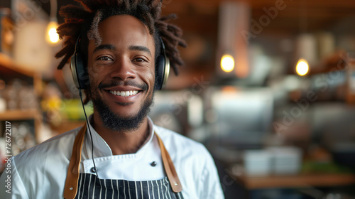portrait of a man, chef, kitchen blurred background, smiling, professional chef, cuisine, brown skin, mid 28years, afro hispter style