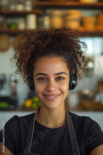 portrait of a woman, chef, kitchen blurred background, smiling, professional chef, cuisine, light brown skin, mid 25years photo