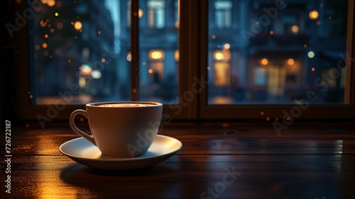 Coffee cup on table with dark street view. Hot beverage mug at window restaurant eyesight
