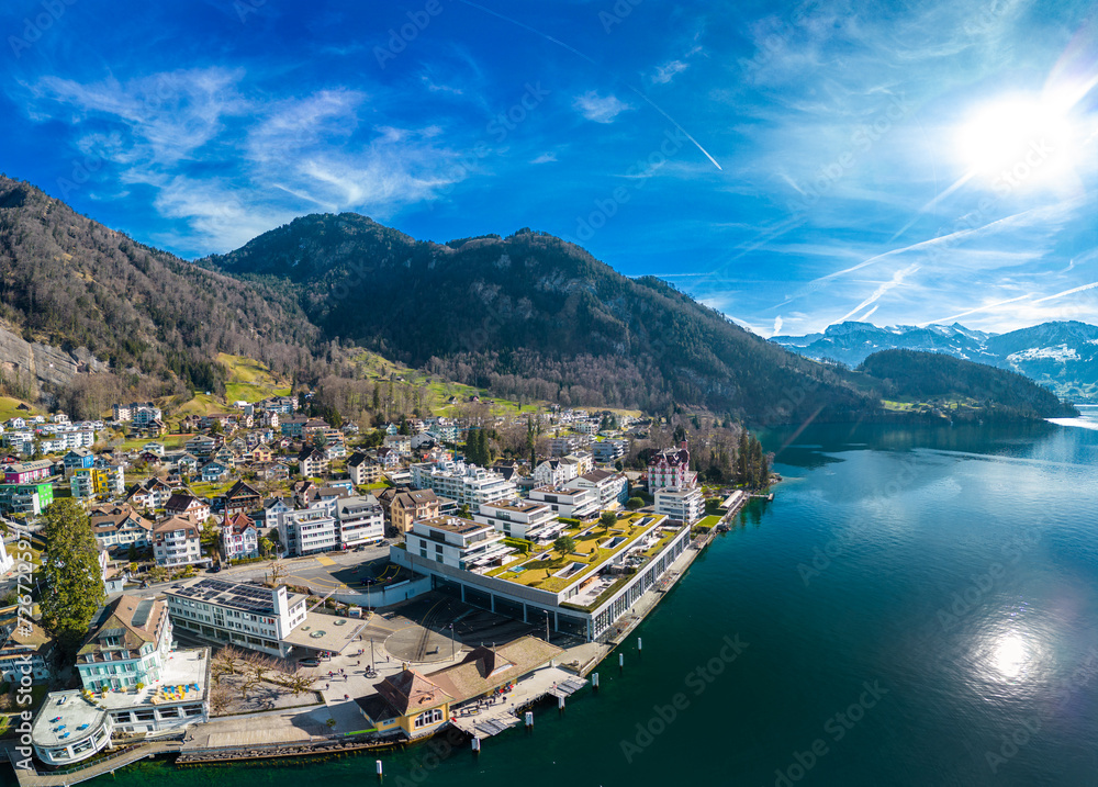 Aerial view of the Vitznau village by lake Lucerne in Central Switzerland