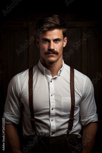 Portrait of a handsome guy with a mustache wearing suspenders
