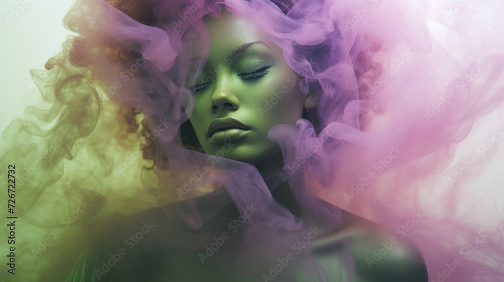 A woman enveloped by ethereal liquid smoke