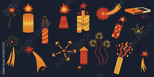 Fireworks rockets firecrackers bengal lights. Set Fireworks against dark background vector illustration. Concept for celebration, festival.
