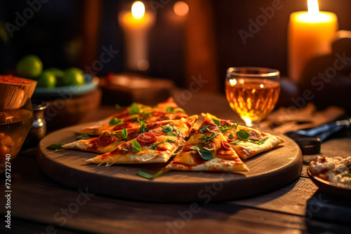 Savor the perfection of a homemade Italian Pizza Margherita, featuring buffalo mozzarella and fresh basil, presented elegantly on a dark background. photo