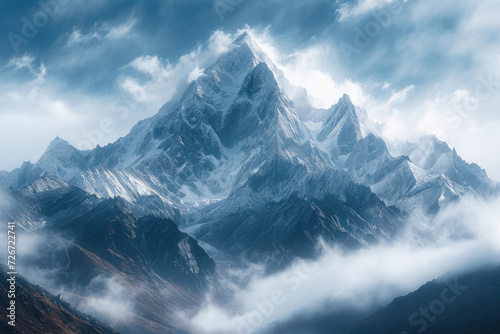 majestic Himalayan peaks shrouded in clouds