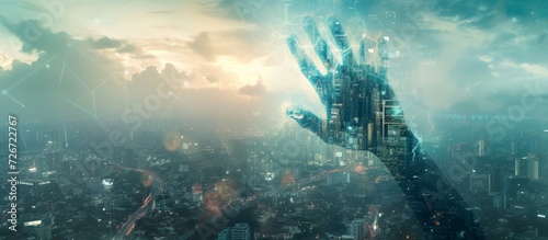 Double exposure of a business background with a hand in the metaverse, symbolizing the next generation of digital transformation and technology era, incorporating virtual reality and social media