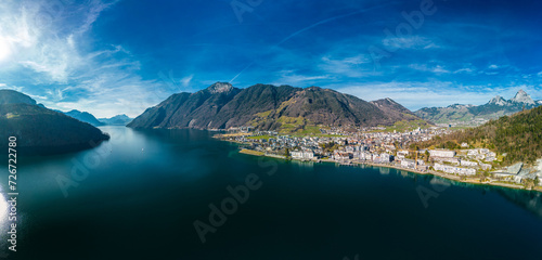 Panoramic drone view of Brunnen and Ingenbohl, Switzerland