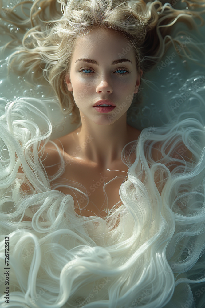 belle femme blonde, portant une robe en voile blanche, se fondant avec l'eau de la mer, photo de mode, douceur et sensualité belle femme blonde, portant une robe en voile blanche, se fondant avec l'eau de la mer, photo de mode, douceur et sensualité