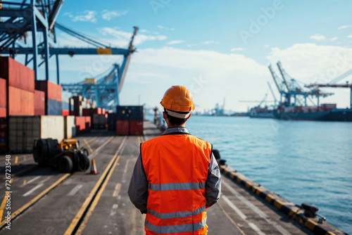Worker overseeing operations at a busy container port Generative AI image photo