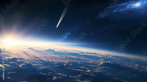 A mesmerizing scene of a bright comet streaking across the starry sky above Earth's serene, cloudy atmosphere. photo