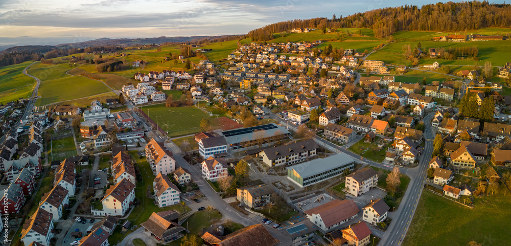 Aerial panorama view to lake Zug and Swiss Alps with Mettmenstetten, Switzerland