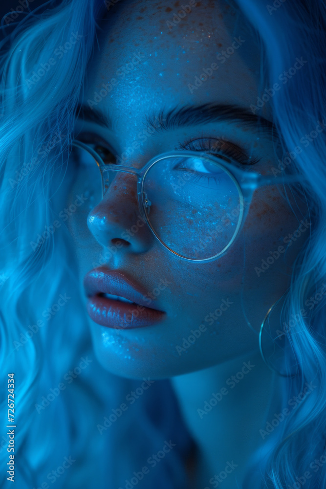 Photo of a blue-haired woman, hair everywhere, in the style of zuckerpunk, datamosh, bluecore, princesscore, lighthearted, dark blue and light blue photo