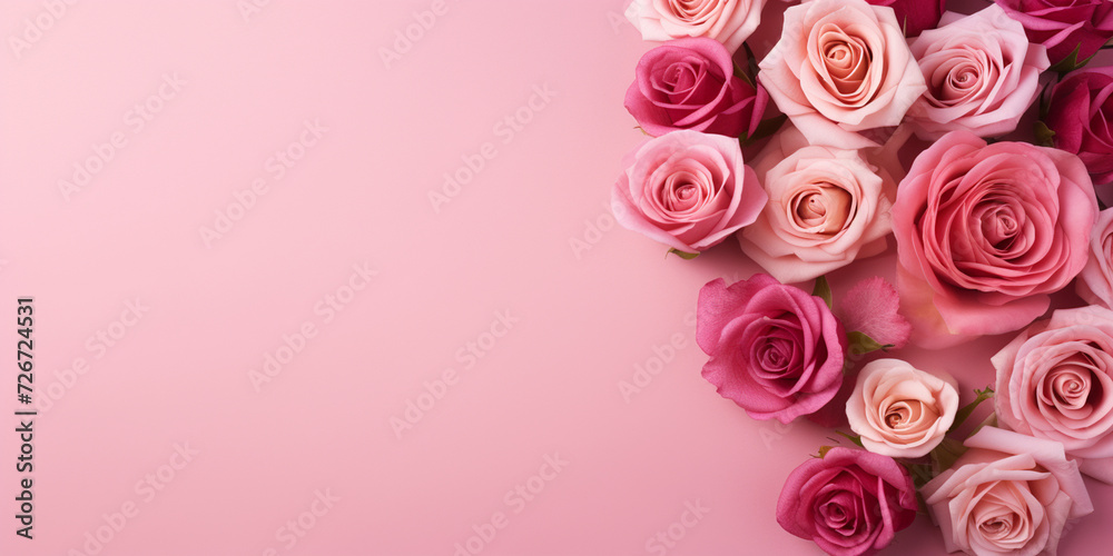 Pink roses on pink background. Horizontal banner for valentines day, mothers day, birthday, love anniversary or wedding Pink roses on pink background. Horizontal banner for valentines day, mothers day, birthday, love anniversary or wedding