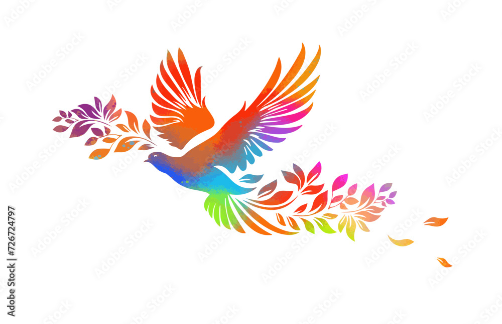 Obraz premium Peace bird. Colored dove with a twig abstraction. hand drawing. Not AI, Vector illustration