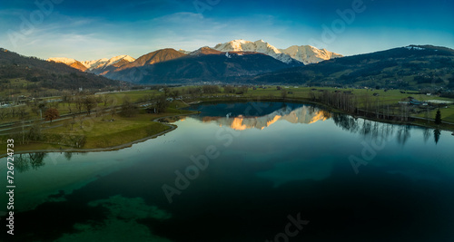 Aerial drone view of Lac de Passy lake in Domancy, France