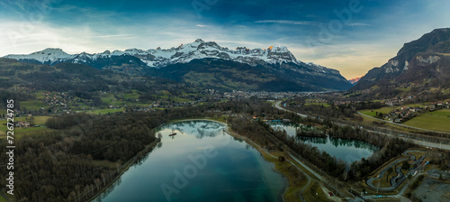 Aerial drone view of Lac de Passy lake in Domancy, France