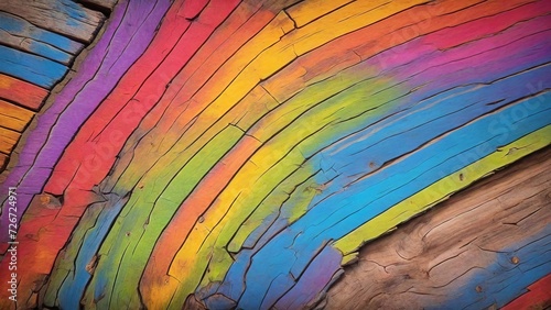 Bright background made of wooden boards of a fence, floor, wall, table, banner painted in rainbow colors. Old wood texture